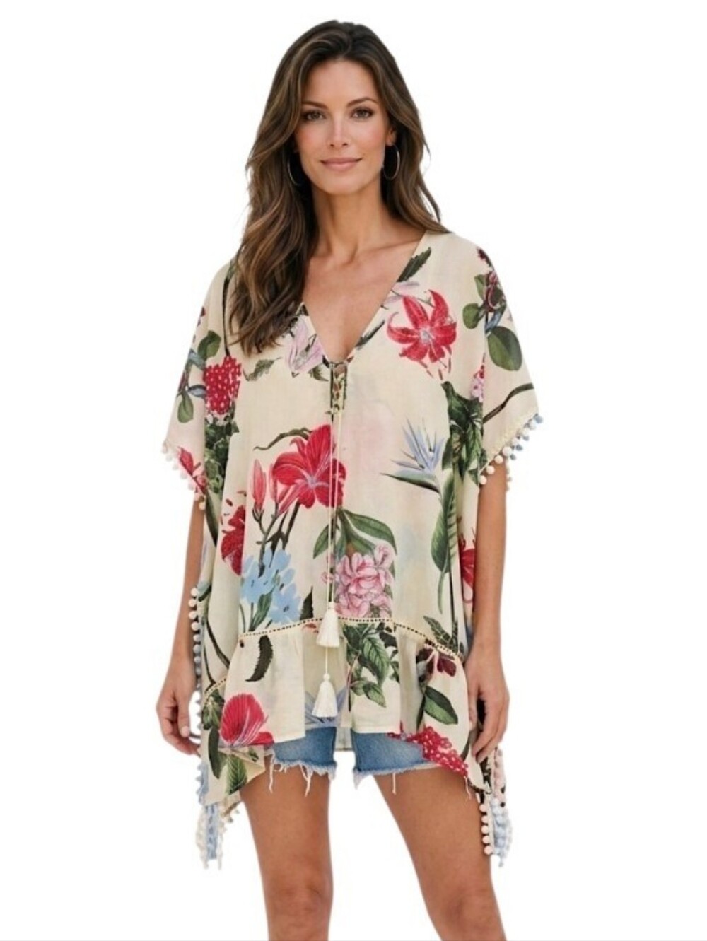 L&Z Europe Cream Floral Pom-Pom Fringe Cotton Kaftan Tunic Cover-Up One Size
